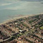 Aerial view of Southend seafront: Westcliff paddling pool towards Chalkwell station