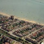 Aerial view of Southend seafront: Westcliff station and seafront